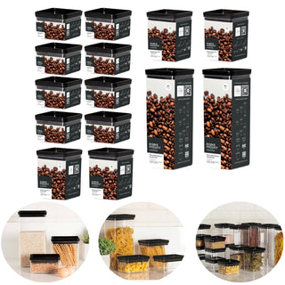 Kit 14 Potes Herméticos com Tampa Preta Quadrado Empilháveis com Vedação Hermética