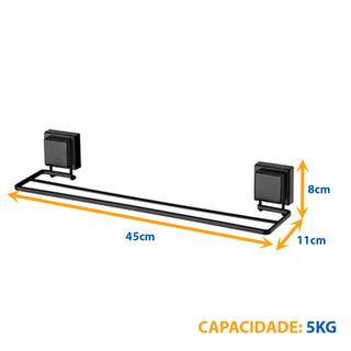 Toalheiro Duplo 45cm com Ventosa - Preto Fosco