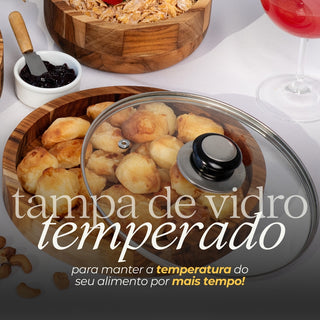 Gamela de Madeira Redonda com Tampa de Vidro Linha Premium 30cm - Madeira Teca Nobre