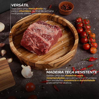 Gamela de Madeira Redonda com Tampa de Vidro Linha Premium 30cm - Madeira Teca Nobre