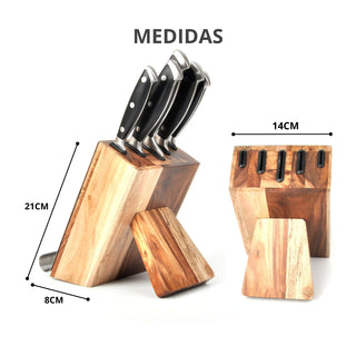 Conjunto de Facas com Cepo de Madeira Acácia - James.F - 5 Facas + Cepo